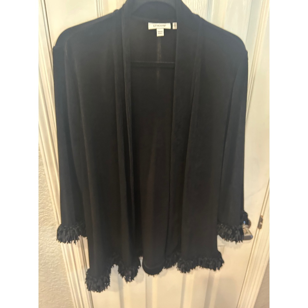 Chico's Cardigan Black Fringe Trim Open Front Slinky Knit Layering Top L 2